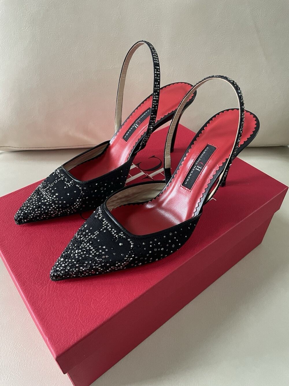 Carolina Herrera Crystal Initials Insignia Slingback Pumps Black 38